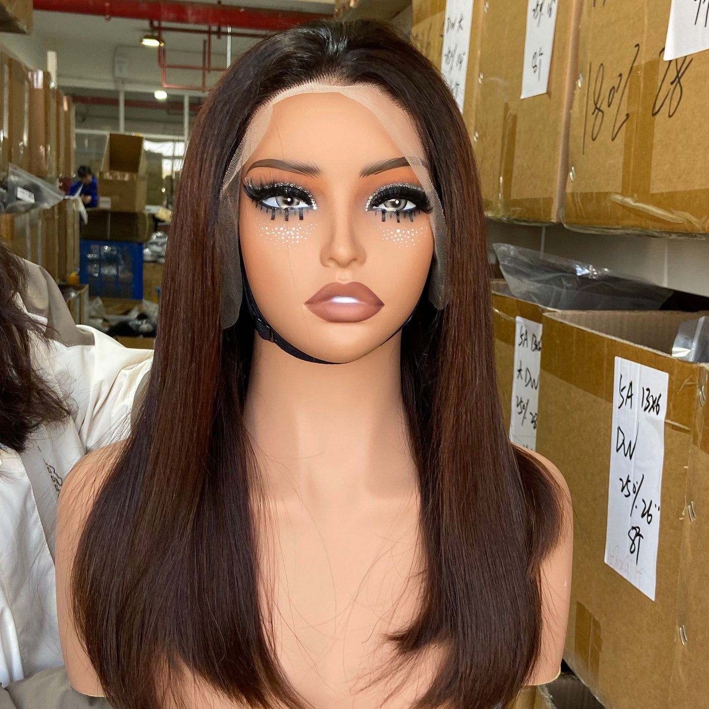 Double Drawn Ombre Dark Brown Color Frontal Wig
