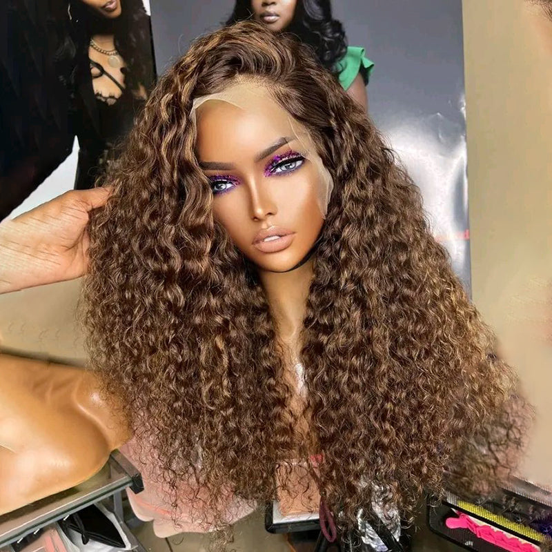 Peruvian Double Drawn Lace 13x4 Full Frontal Bob Water Wave Wig #4 Dark Brown Color