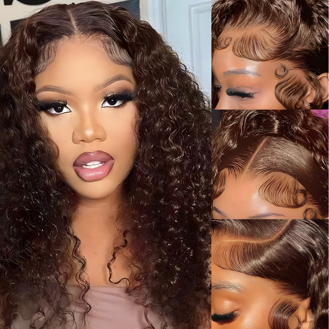Peruvian Double Drawn Lace 13x4 Full Frontal Bob Water Wave Wig #4 Dark Brown Color