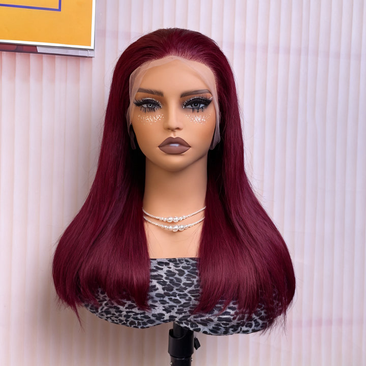 Peruvian Double Drawn Lace 13x4 Full Frontal Bob Straight Wig #99J Burgundy Color