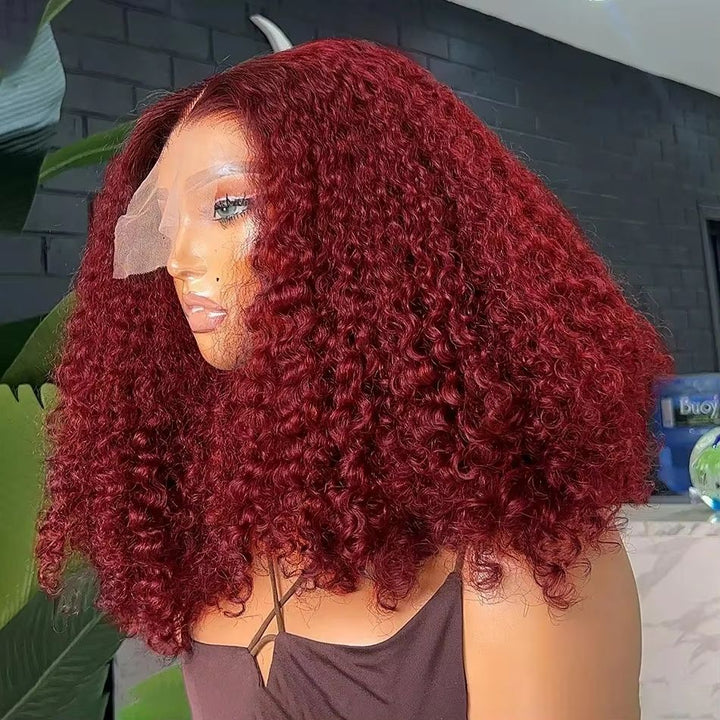 Peruvian Double Drawn Lace 13x4 Full Frontal Bob Jerry Curly Wig #99j Maroon Color