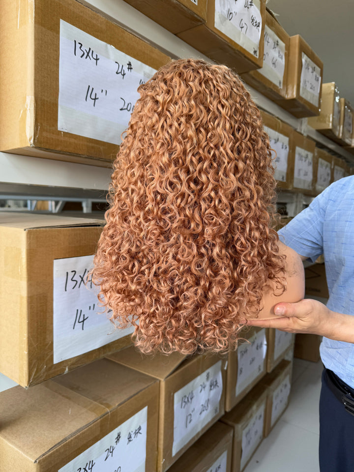 (New)Peruvian Double Drawn Lace 13x4 Full Frontal Bob Layed Pixie Curls Wig Honey Blonde Color