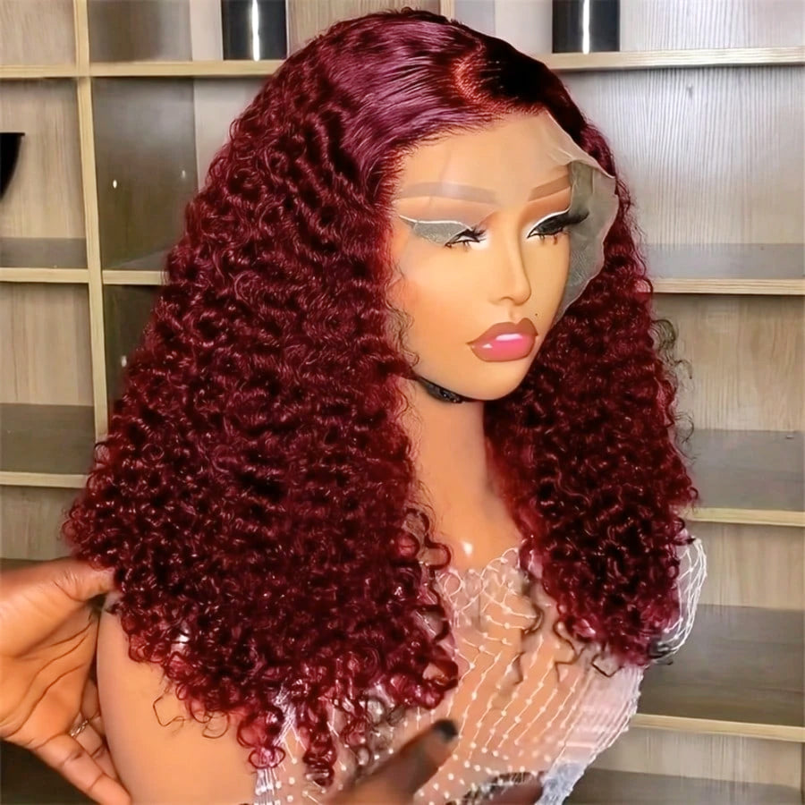 Peruvian Double Drawn Lace 13x4 Full Frontal Bob Jerry Curly Wig #99j Maroon Color