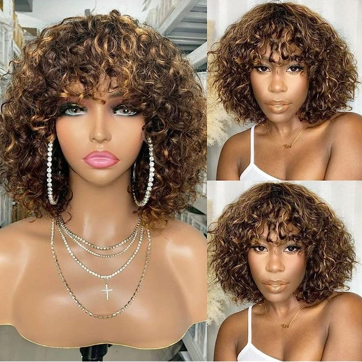 Rose Curl Double Drawn Curly Fringe Piano Color P4/27 Wig With Bangs