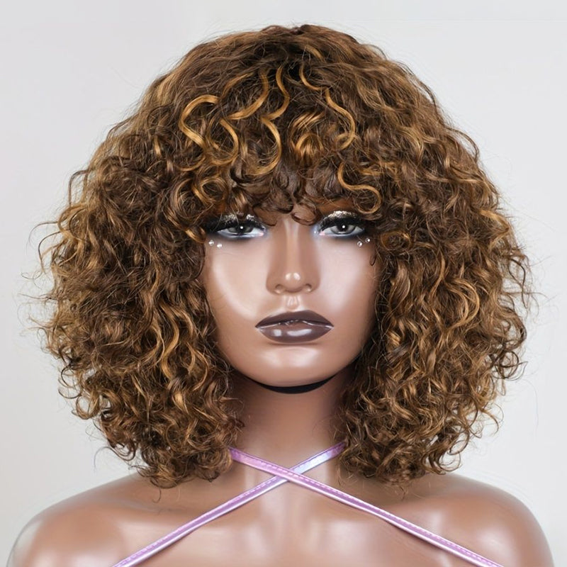 Rose Curl Double Drawn Curly Fringe Piano Color P4/27 Wig With Bangs
