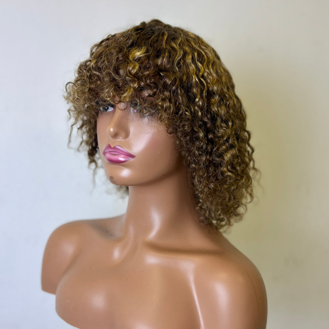 SPECIAL| Glueless Highlight Color Short Water Wave Curly Wig With Bangs