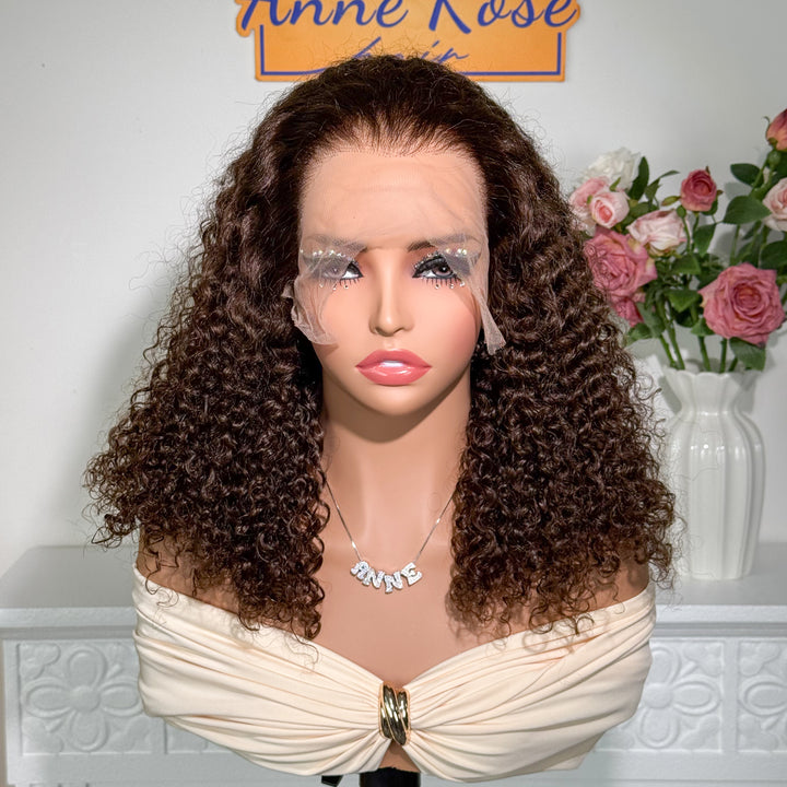 Chocolate Brown 13x4 Full Frontal Bob Jerry Curly 150% Density Wig Color 