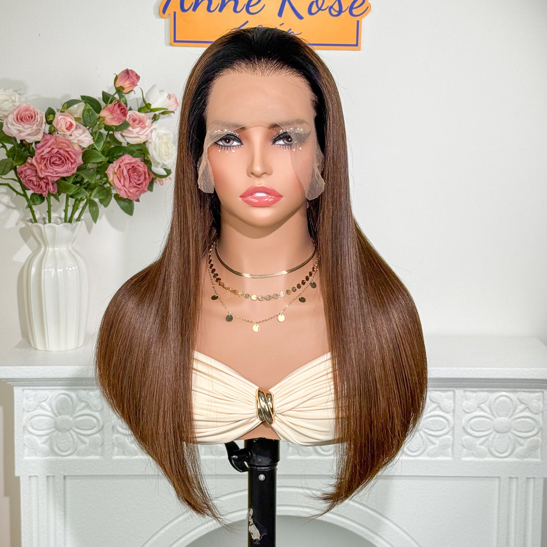 Peruvian Double Drawn Lace 13x4 Full Frontal Bob Straight Wig Ombre Dark Brown T1B/4 Color