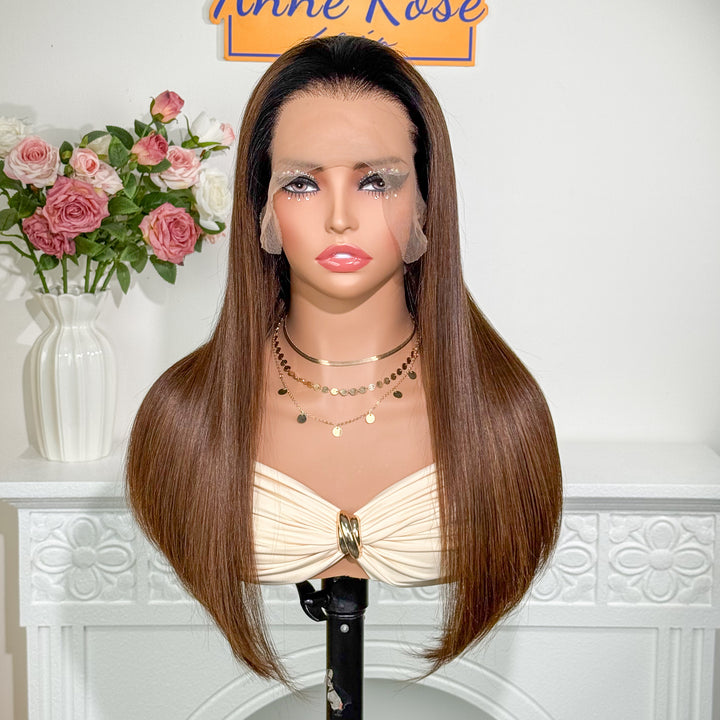 Peruvian Double Drawn Lace 13x4 Full Frontal Bob Straight Wig Ombre Dark Brown T1B/4 Color