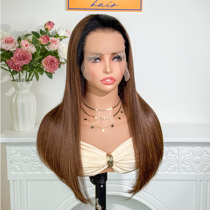 Peruvian Double Drawn Lace 13x4 Full Frontal Bob Straight Wig Ombre Dark Brown T1B/4 Color