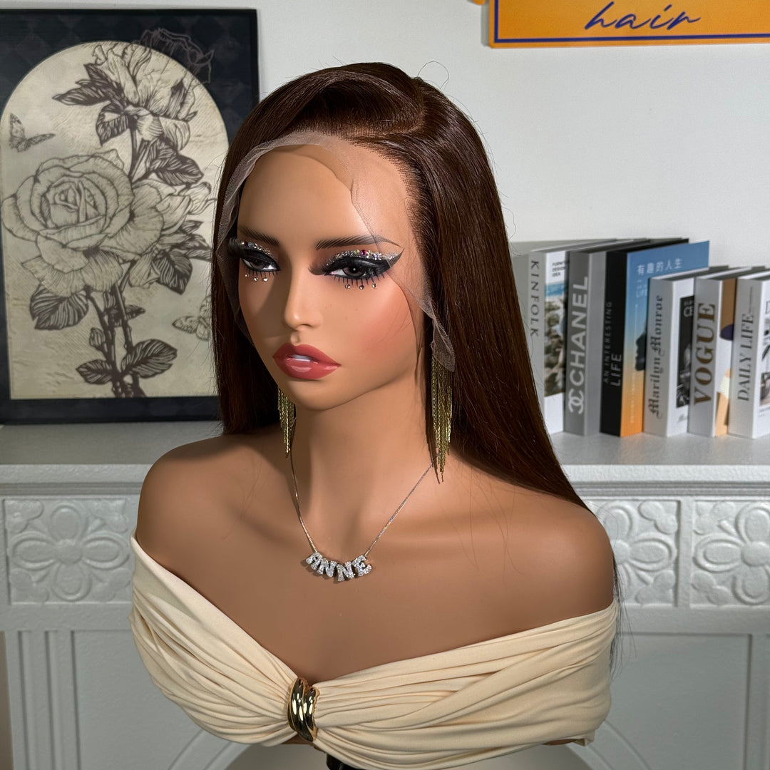 Peruvian Double Drawn Chocolate Brown Color 13x4 Lace Full Frontal Wig