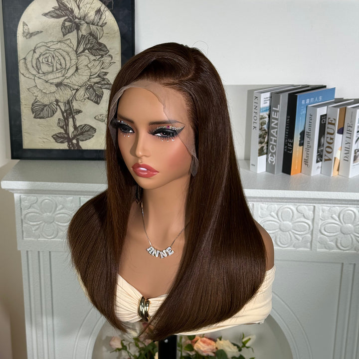 Peruvian Double Drawn Chocolate Brown Color 13x4 Lace Full Frontal Wig