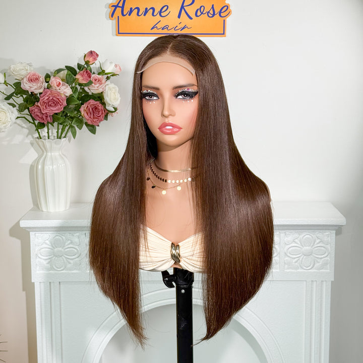 Double Drawn Chocolate Brown Glueless 4X4 Lace Closure Wig Color 