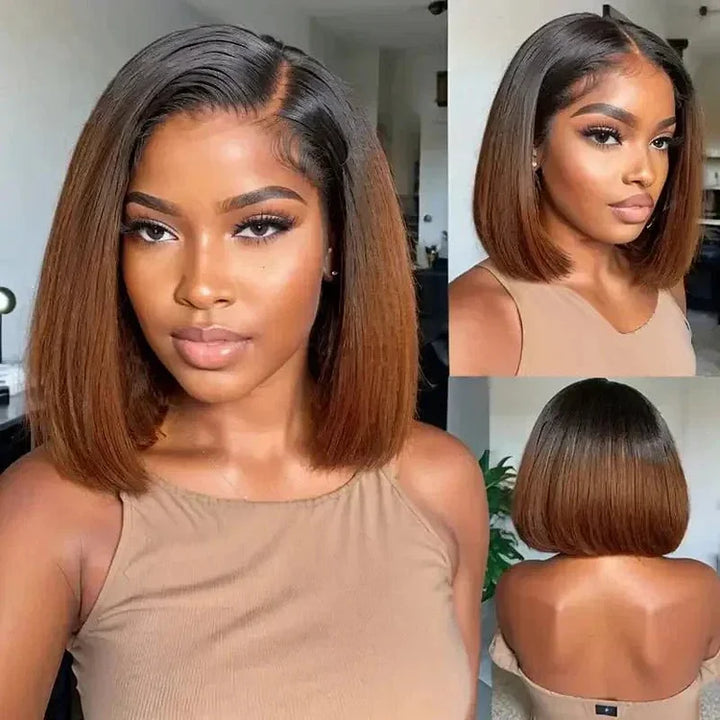 Peruvian Double Drawn Lace 13x4 Full Frontal Bob Straight Wig Ombre Dark Brown T1B/4 Color
