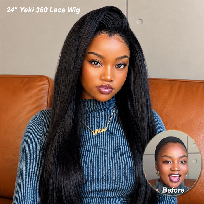 360 Lace Frontal Wig Yaki Straight Human Hair with Widow&