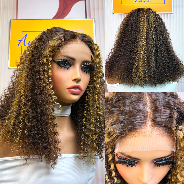 Peruvian Double Drawn Lace 4x4 Closure Bob Jerry Curly Wig #P4/27 Piano Color