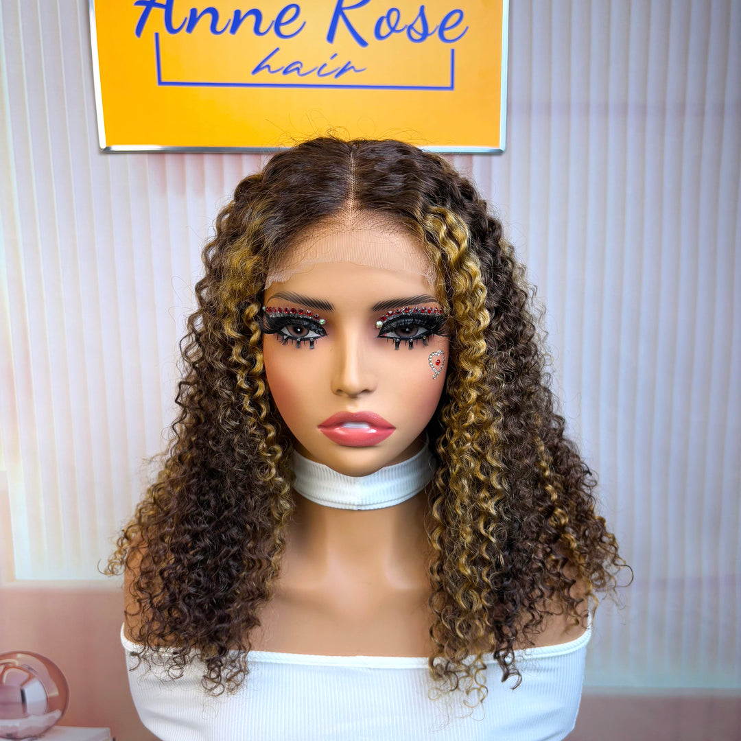 Peruvian Double Drawn Lace 4x4 Closure Bob Jerry Curly Wig #P4/27 Piano Color