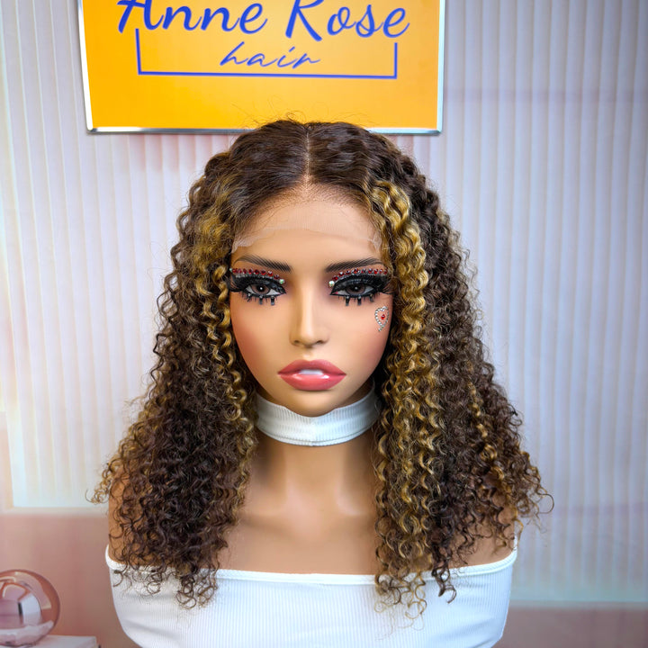 Peruvian Double Drawn Lace 4x4 Closure Bob Jerry Curly Wig #P4/27 Piano Color