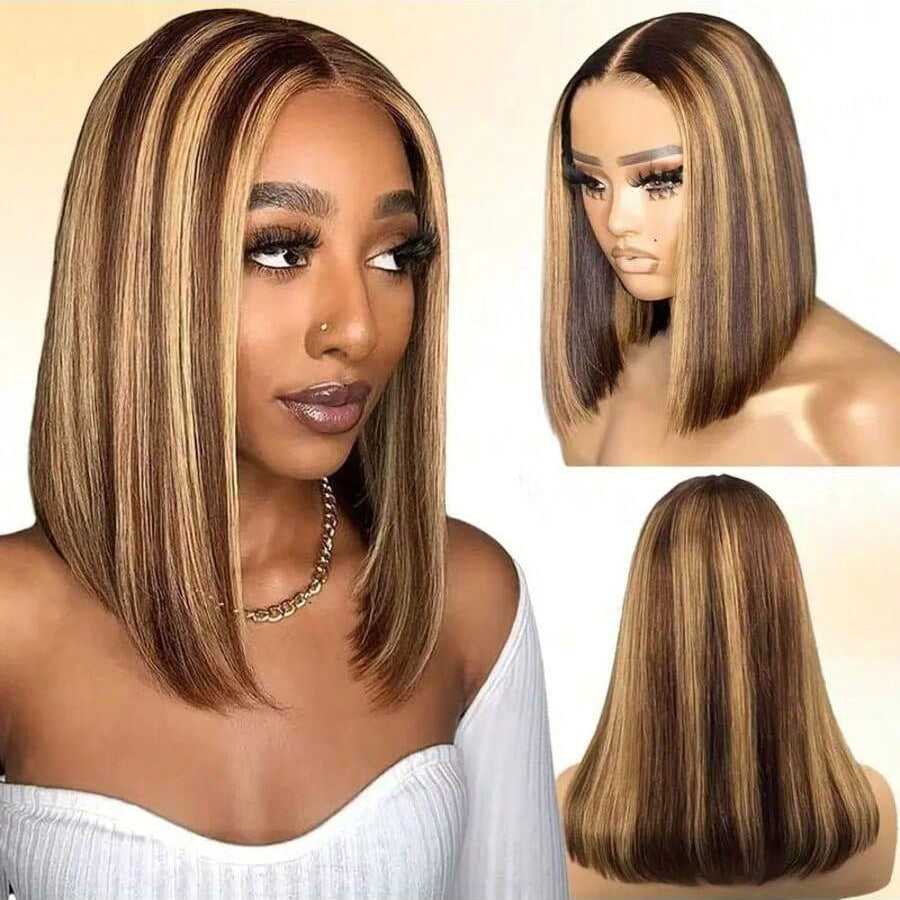 Peruvian Double Drawn Lace 4x4 Closure Bob Straight Wig #P4/27 Piano Color