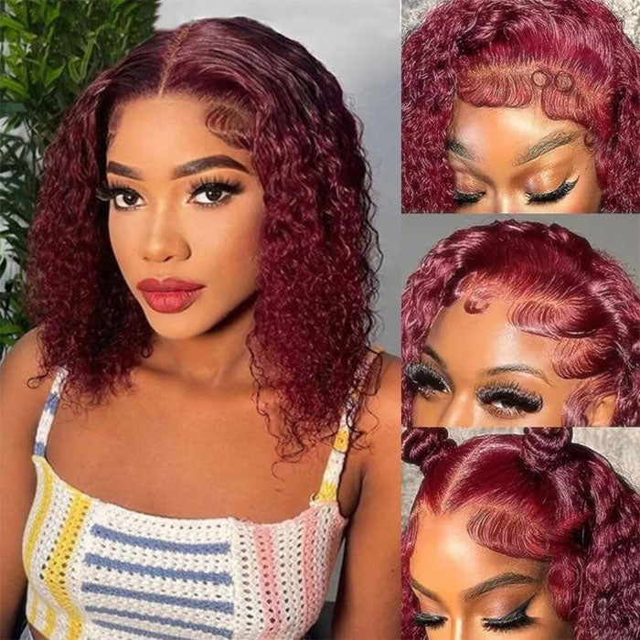 50% Off Double Drawn 99J Color Curly 13x4 Full Frontal Wig Bob Human Hair