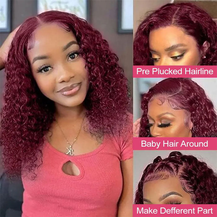 50% Off Double Drawn 99J Color Curly 13x4 Full Frontal Wig Bob Human Hair