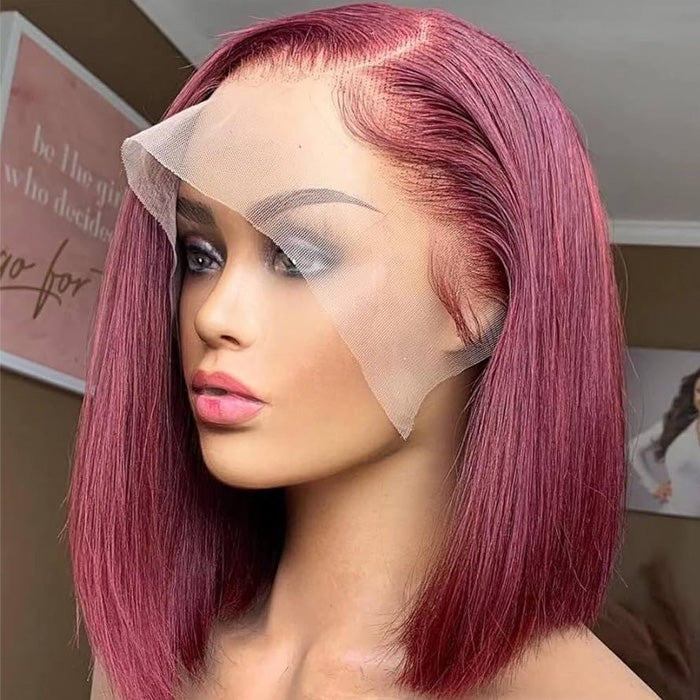 50% Off Maroon Color 99J Short Bob 13x4 Full Frontal Wigs Human Hair