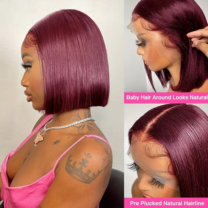 50% Off Maroon Color 99J Short Bob 13x4 Full Frontal Wigs Human Hair