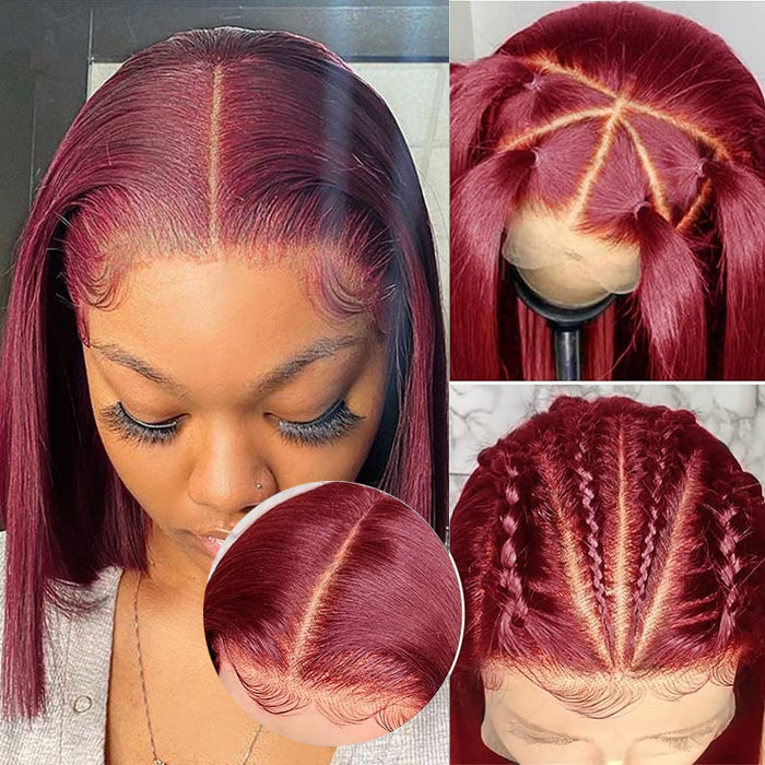 50% Off Maroon Color 99J Short Bob 13x4 Full Frontal Wigs Human Hair