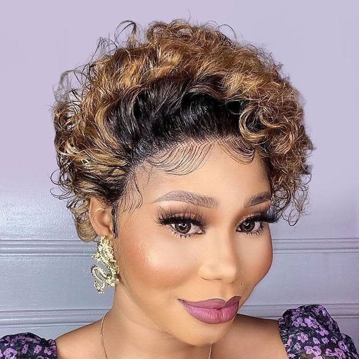 50% Off Pixie Cut Short Curly 13x4 Lace Frontal Wigs Pre Plucked Ombre Color Human Hair