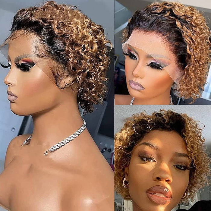 50% Off Pixie Cut Short Curly 13x4 Lace Frontal Wigs Pre Plucked Ombre Color Human Hair