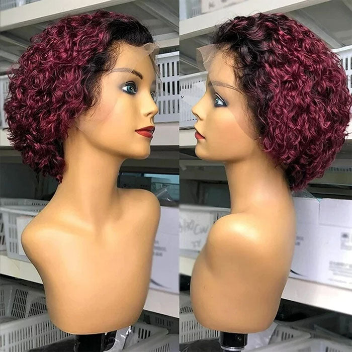 50% Off Pixie Cut Short Curly 13x4 Lace Frontal Wigs Pre Plucked Ombre Color Human Hair