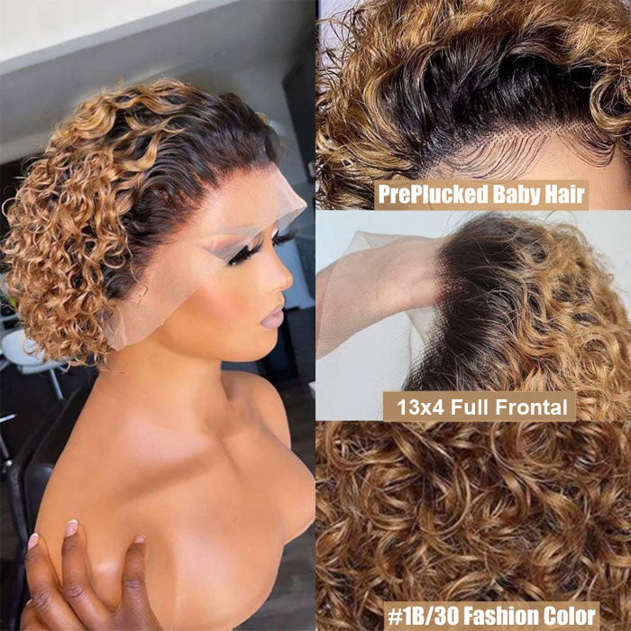 50% Off Pixie Cut Short Curly 13x4 Lace Frontal Wigs Pre Plucked Ombre Color Human Hair