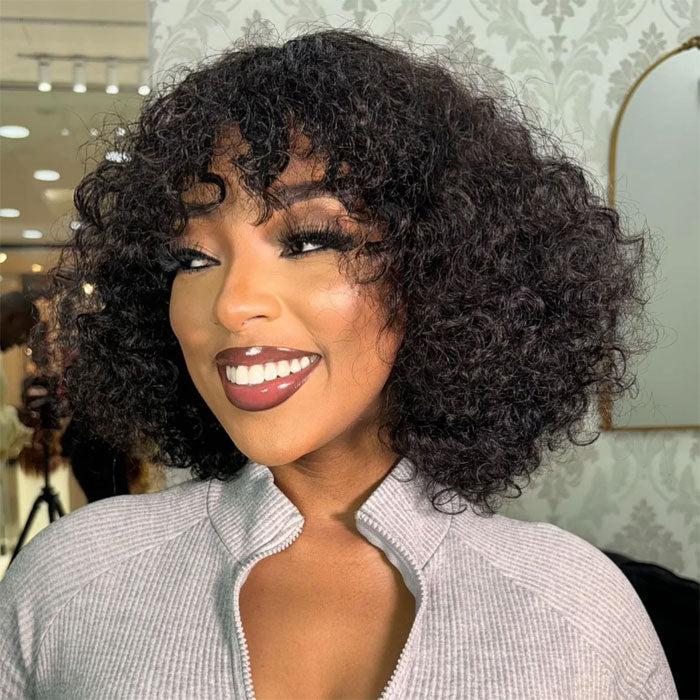 50% Off Anne Rose Human Hair Fringe Bob Water Wave Wig with Bangs