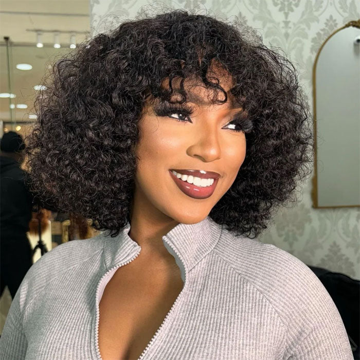 50% Off Anne Rose Human Hair Fringe Bob Water Wave Wig with Bangs