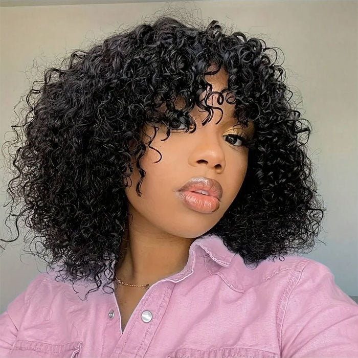50% Off Anne Rose Human Hair Fringe Bob Water Wave Wig with Bangs