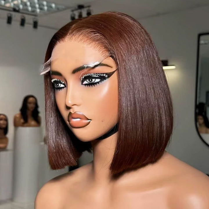 Double Drawn Chocolate Brown Glueless 4X4 Lace Closure Wig Color 