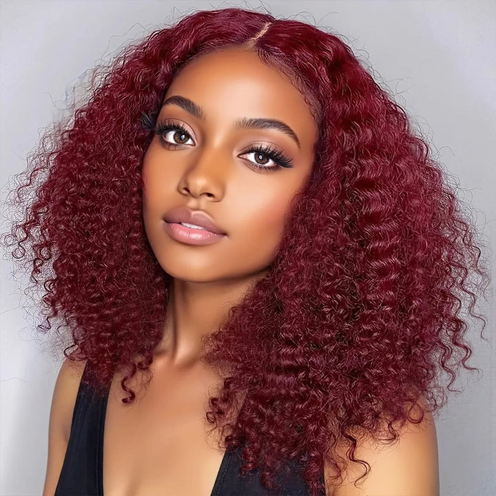 Peruvian Double Drawn Lace 13x4 Full Frontal Bob Jerry Curly Wig #99j Maroon Color