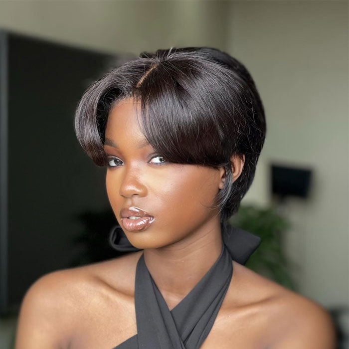 Anne Rose Glueless Pixie Cut Short Bob with Bangs 2x6 Lace Closure Wig with Drawstring Human Hair