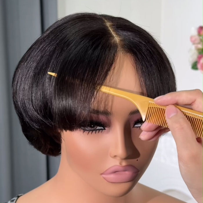 Anne Rose Glueless Pixie Cut Short Bob with Bangs 2x6 Lace Closure Wig with Drawstring Human Hair