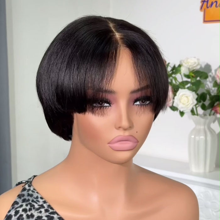 Anne Rose Glueless Pixie Cut Short Bob with Bangs 2x6 Lace Closure Wig with Drawstring Human Hair