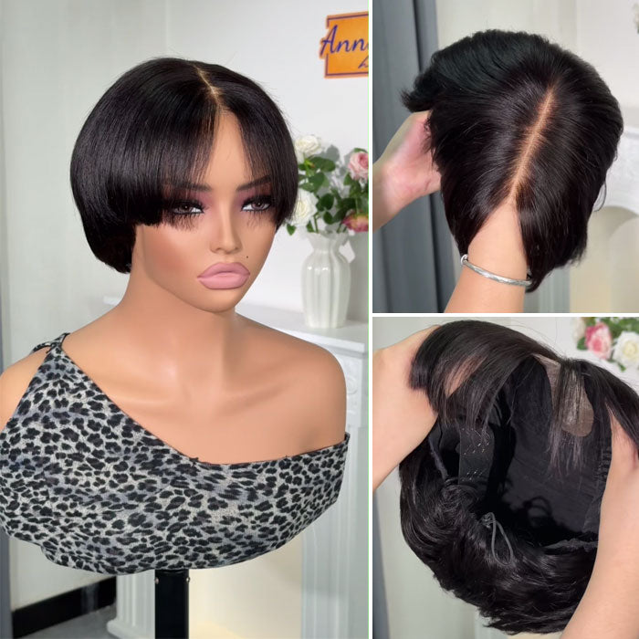 Anne Rose Glueless Pixie Cut Short Bob with Bangs 2x6 Lace Closure Wig with Drawstring Human Hair