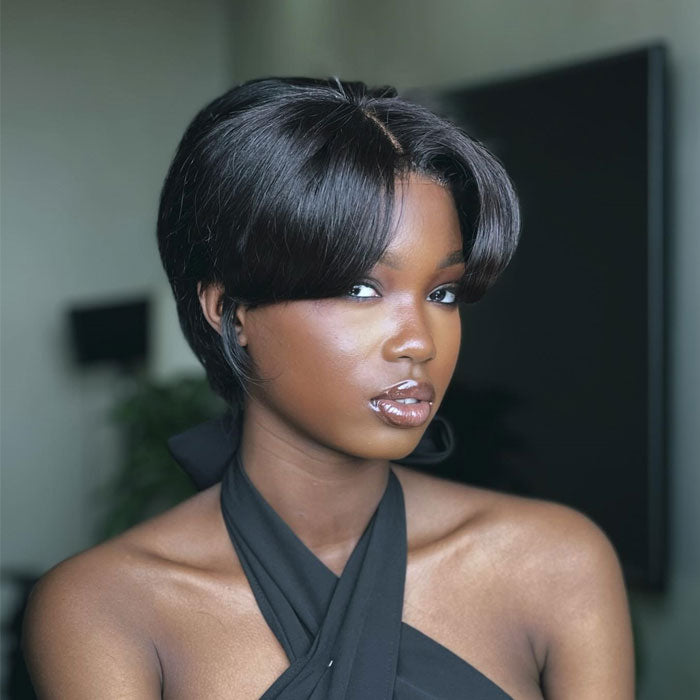 Anne Rose Glueless Pixie Cut Short Bob with Bangs 2x6 Lace Closure Wig with Drawstring Human Hair
