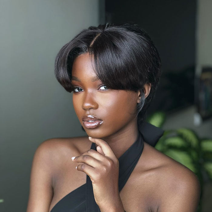 Anne Rose Glueless Pixie Cut Short Bob with Bangs 2x6 Lace Closure Wig with Drawstring Human Hair