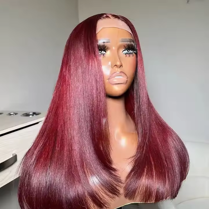 Peruvian Double Drawn Lace 13x4 Full Frontal Bob Straight Wig #99J Burgundy Color
