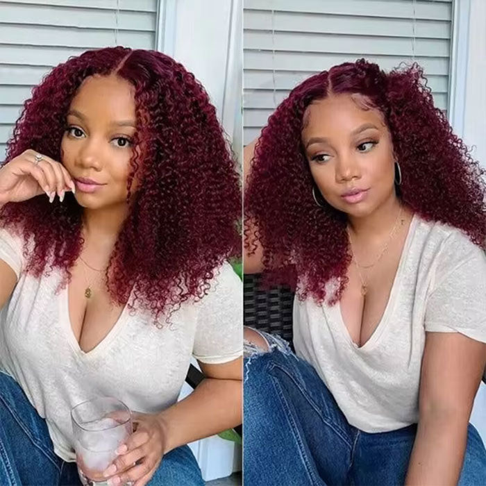 Clearance Sale 99J Color Jerry Curly 13x4 Full Frontal Bob Wig Human Hair