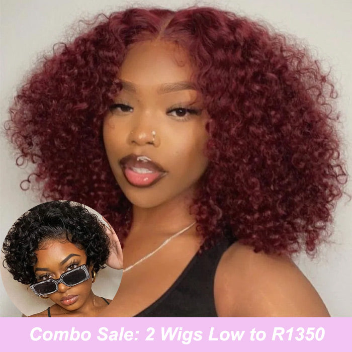 Combo Sale 99J Curly Full Frontal Wig Pre Plucked with Short Pixie Wig Human Hair