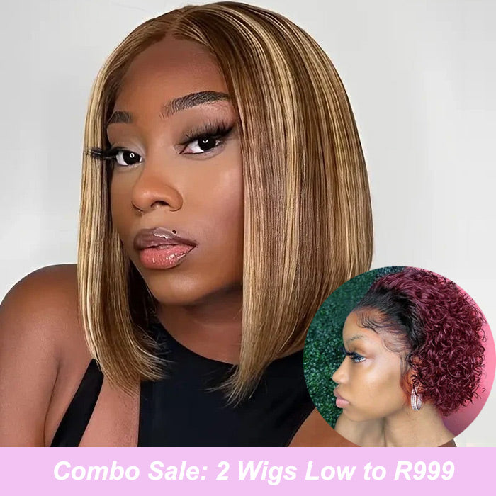Combo Sale Piano Highlight Color Full Frontal Bob Wig with Ombre Color T1B/99J Pixie Cut Curly Wig