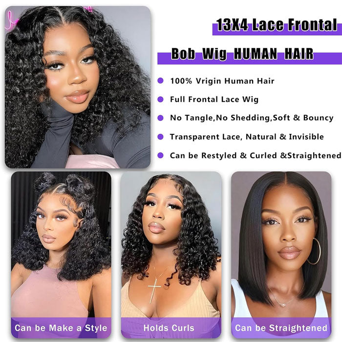 Double Drawn 13x4 Lace Full Frontal Bob Wig Pre Plucked Water Wave 100% Human Hair