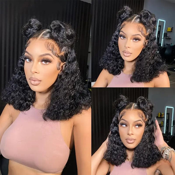 Double Drawn 13x4 Lace Full Frontal Bob Wig Pre Plucked Water Wave 100% Human Hair