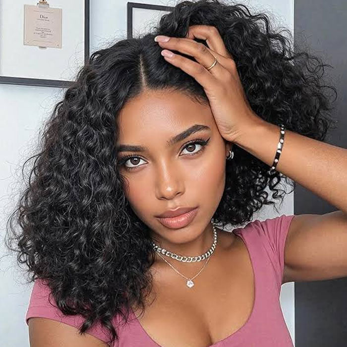 Double Drawn 13x4 Lace Full Frontal Bob Wig Pre Plucked Water Wave 100% Human Hair